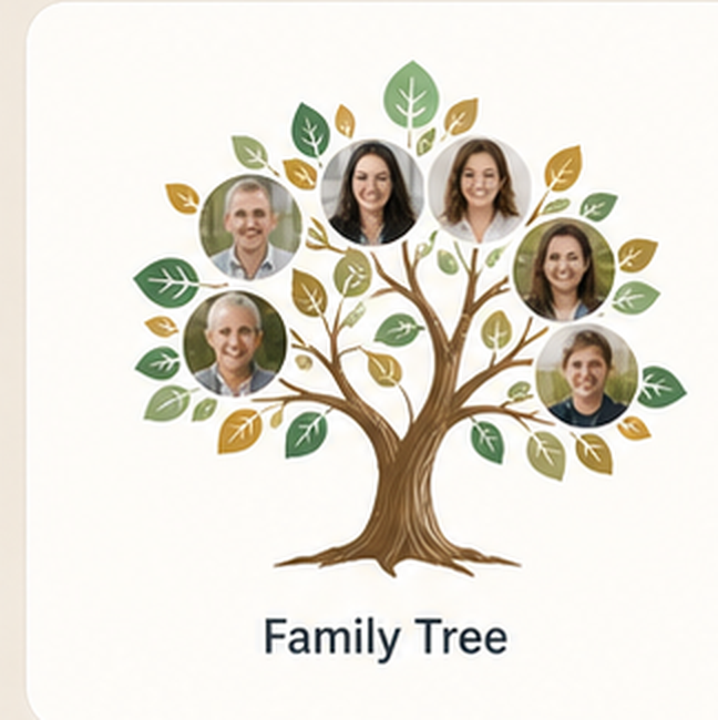A growing family tree, with a photo of each person among the leaves.