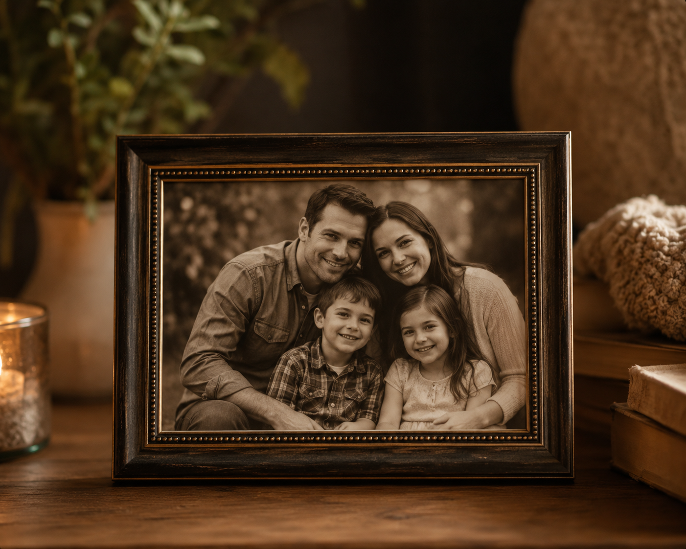 A framed family photograph on a side table, softly lit at home.