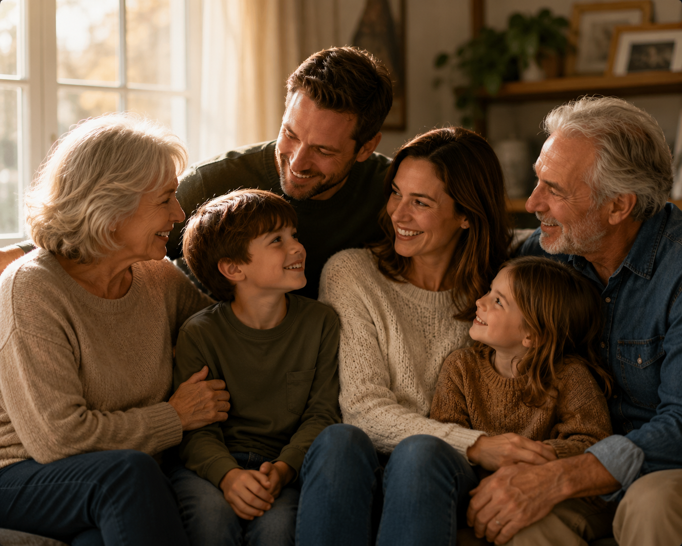 Three generations of a family together at home, smiling with one another.