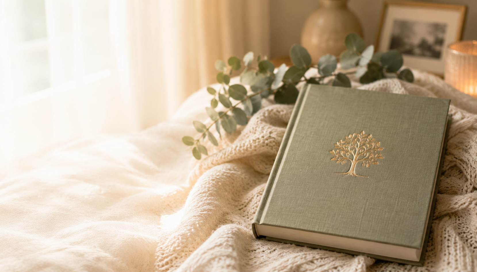 A sage-green keepsake book with a gold-embossed tree of life, resting on a soft cream blanket in warm window light.